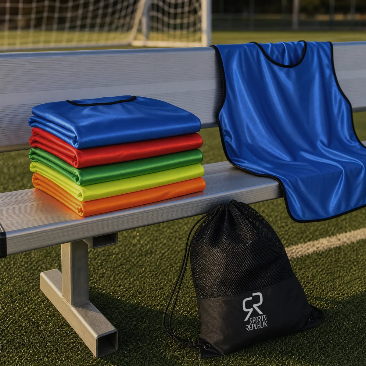 A folded stack of SportsRepublik pinnies in blue, red, green, neon yellow and orange on a pitchside bench, one blue pinnie draped over the back rest, and the branded black mesh drawstring bag standing on the turf